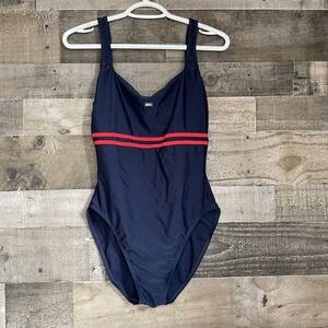 Vintage St. Johns Bay One Piece‎ Swimsuit Womens Size 14 Navy Blue Red Stripe